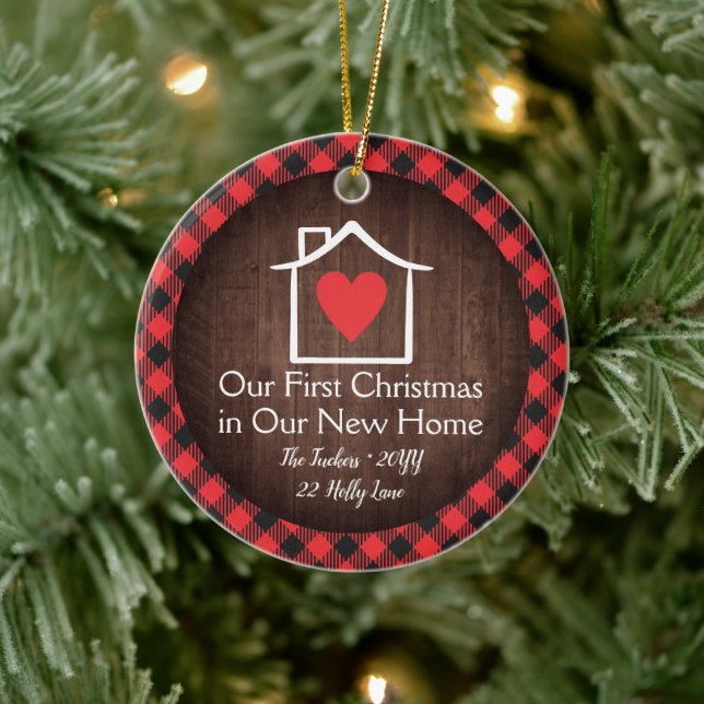Rustic First Christmas New Home Heart Plaid Photo Ceramic Tree Decoration (Tree)