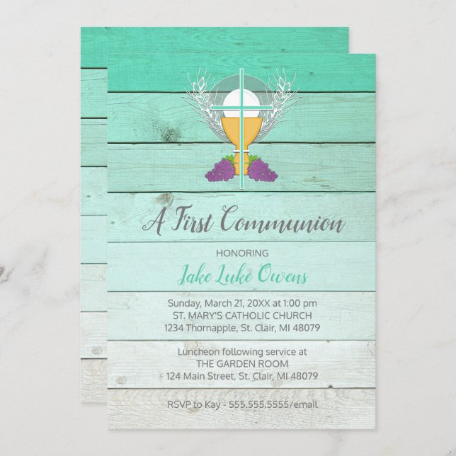 Rustic First Communion Invitation - Blue (Front/Back)