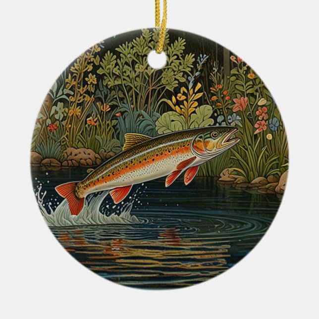 Rustic fish fishing fly fishing ceramic tree decoration (Front)