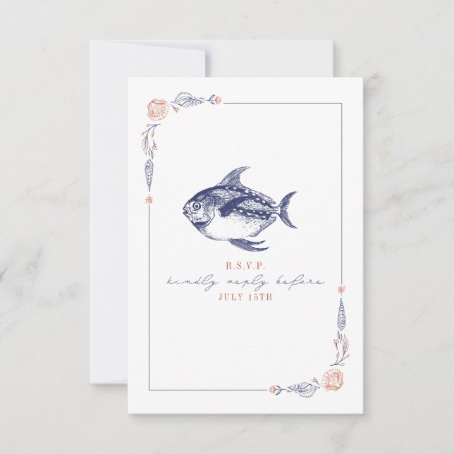 Rustic Fish Red & Blue Beach Wedding RSVP Card (Front)