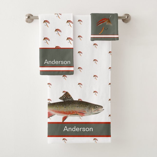 Rustic Fishermen's Fly Fishing Flies n Trout Fish Bath Towel Set (Insitu)