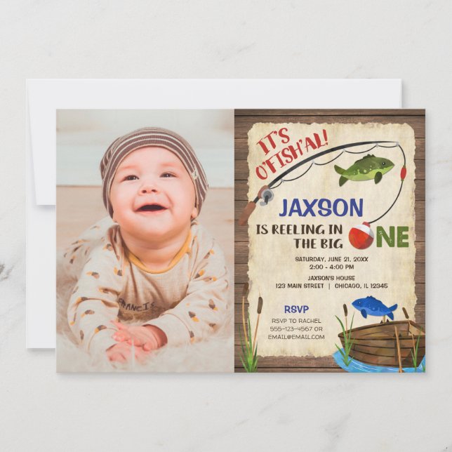 Rustic fishing 1st birthday boy photo invitation (Front)