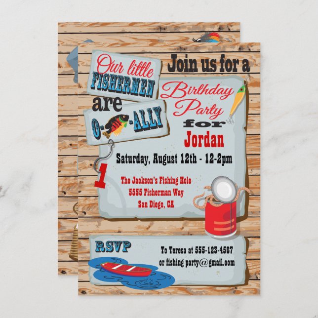 Rustic Fishing Birthday Party Twins Invitations (Front/Back)