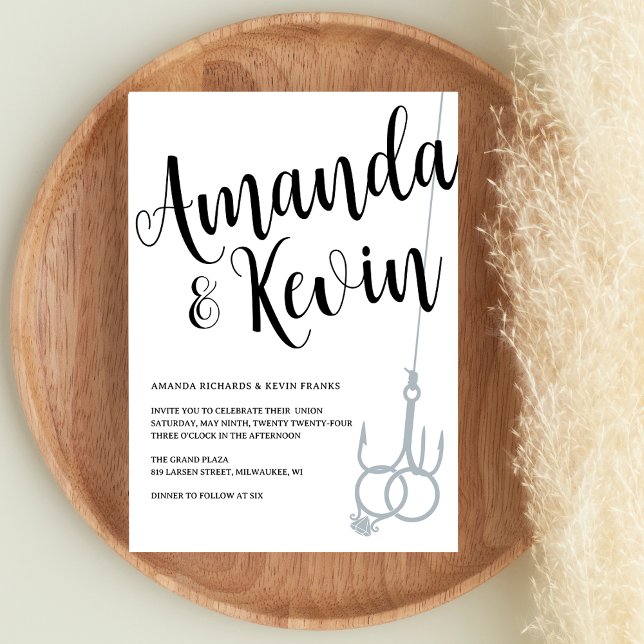 Rustic Fishing Hook Wedding Rings Black & White Invitation (Creator Uploaded)
