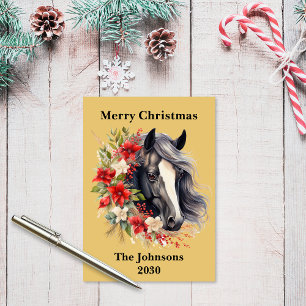 Rustic Flat Black Christmas Horse Wreath Holiday Card