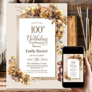Rustic Floral 100th Birthday Party Invitation