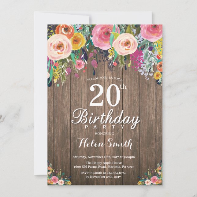 Rustic Floral 20th Birthday Invitation for Women (Front)