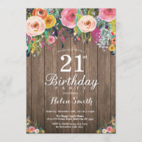 Rustic Floral 21st Birthday Invitation for Women