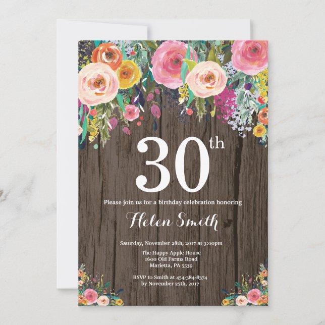 Rustic Floral 30th Birthday Invitation (Front)