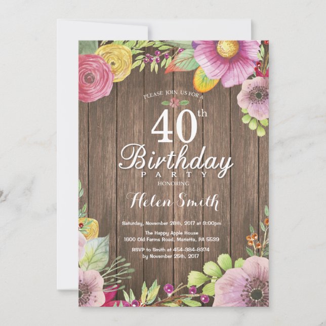 Rustic Floral 40th Birthday Invitation for Women (Front)