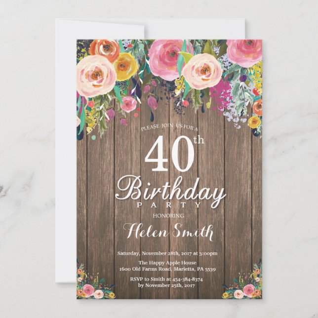 Rustic Floral 40th Birthday Invitation for Women (Front)