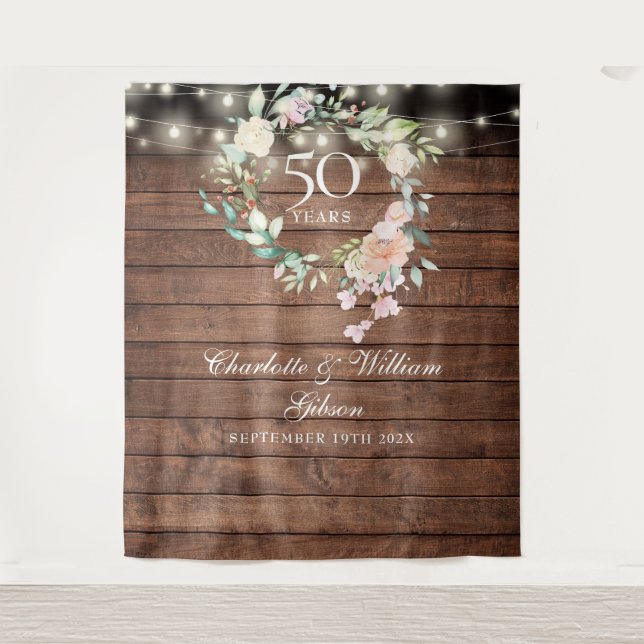 Rustic Floral 50th Anniversary Photo Backdrop Tapestry (Front)