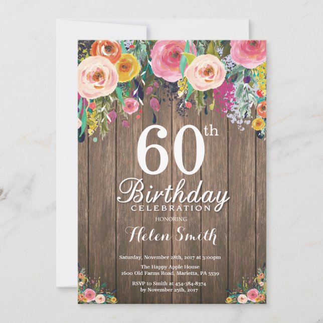 Rustic Floral 60th Birthday Invitation for Women (Front)