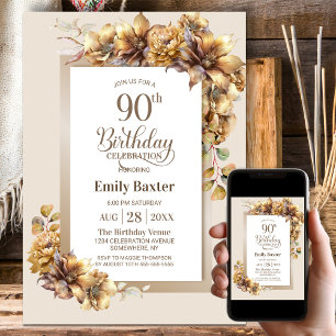 Rustic Floral 90th Birthday Party Invitation