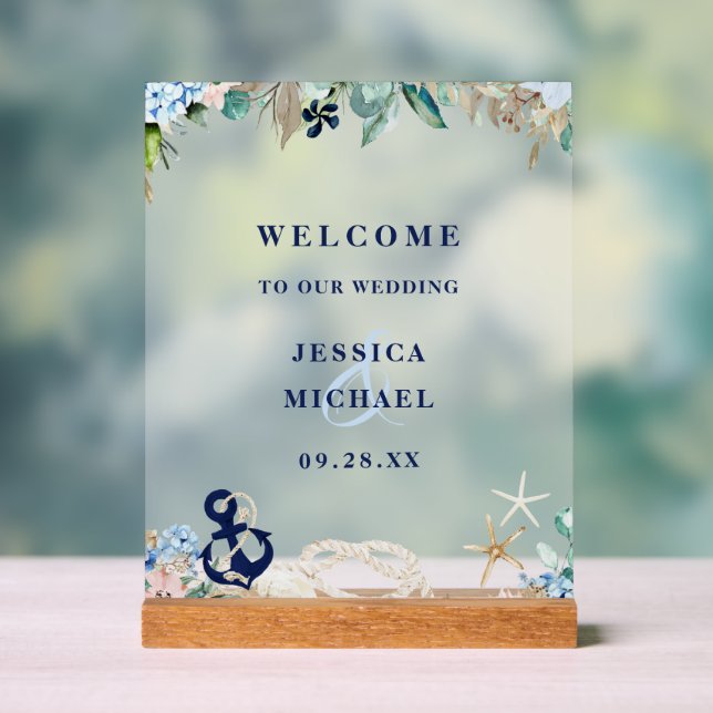 Rustic Floral Anchor Beach Wedding Welcome Acrylic Sign (Neutral)