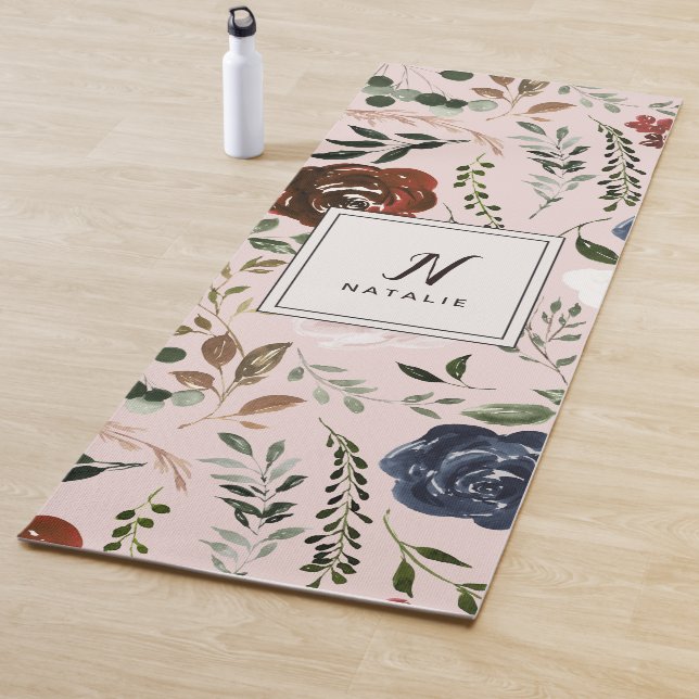 Rustic floral and antlers navy burgundy pink yoga mat (In Situ)