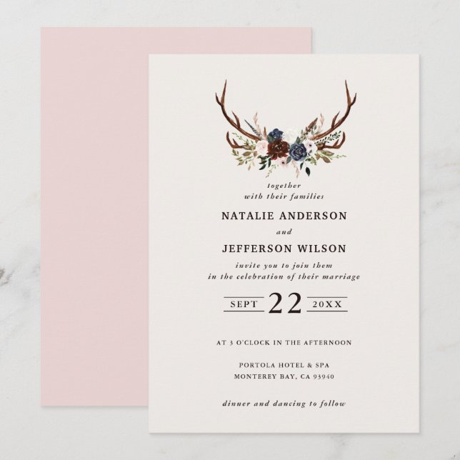 Rustic floral and antlers wedding blush pink (Front/Back)