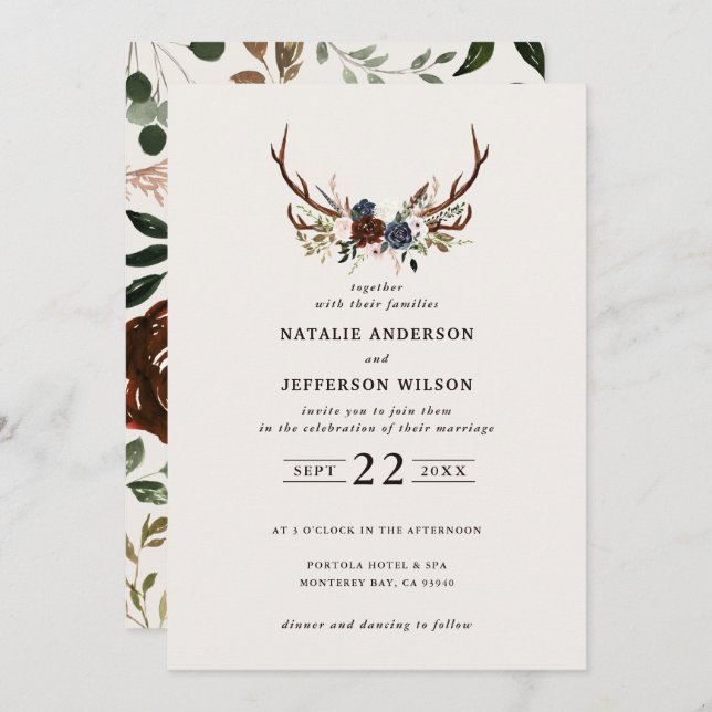 Rustic floral and antlers wedding navy burgundy (Front/Back)