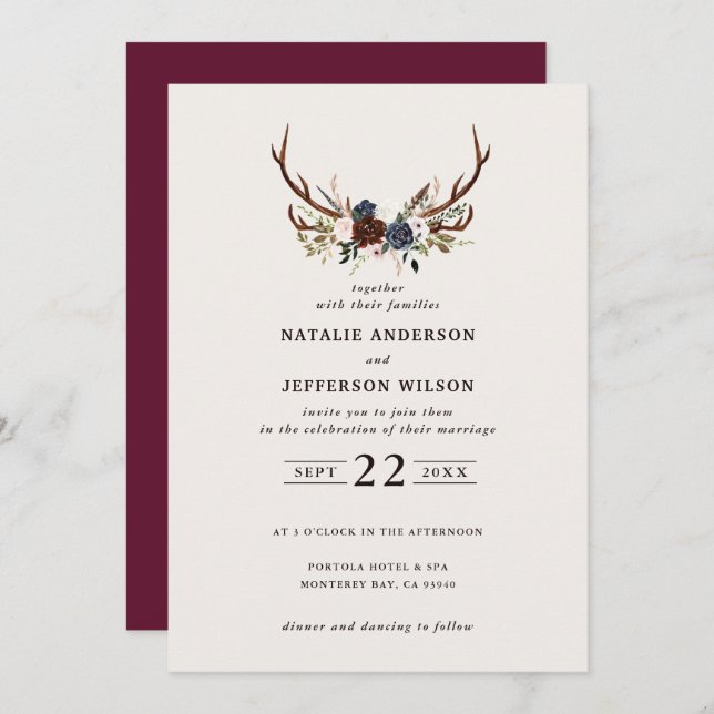 Rustic floral and antlers wedding navy burgundy save the date (Front/Back)