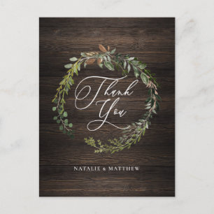 Rustic floral and foliage watercolor wreath thank postcard
