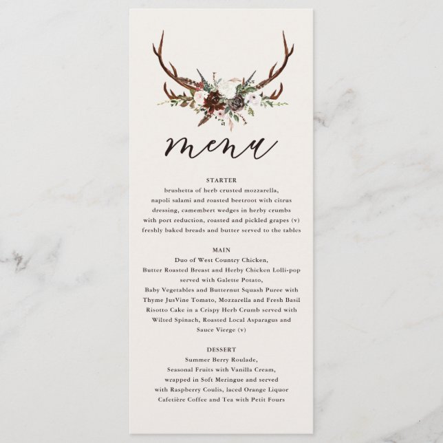 Rustic floral and stag antlers wedding menu (Front)