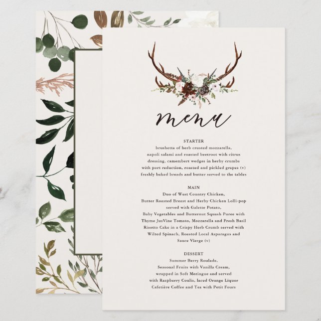 Rustic floral and stag antlers wedding menu (Front/Back)
