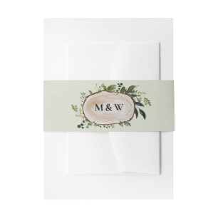 Rustic floral and wood slice initials wedding invitation belly band