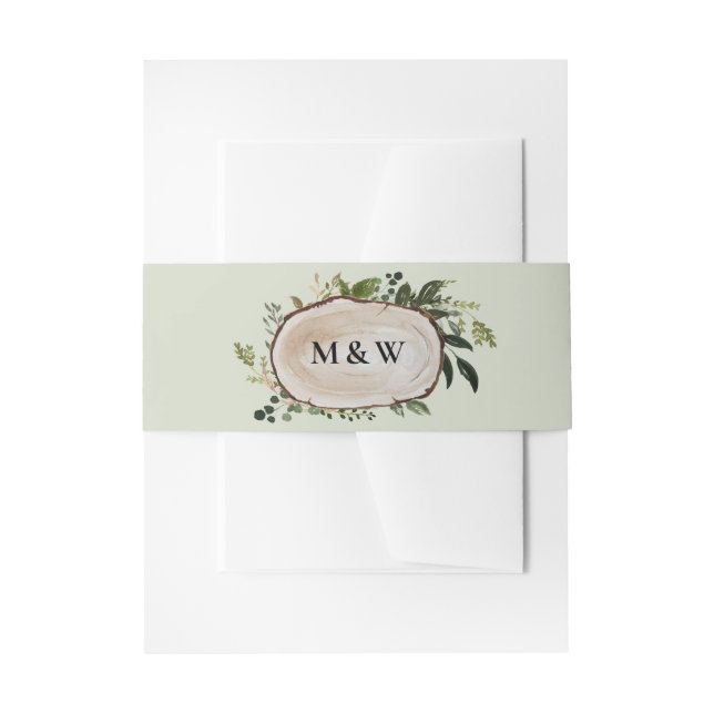 Rustic floral and wood slice initials wedding invitation belly band (Front Example)