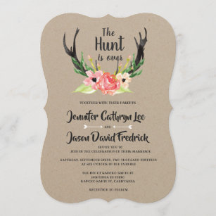 Rustic Floral Antler Hunt is Over Wedding Invitation