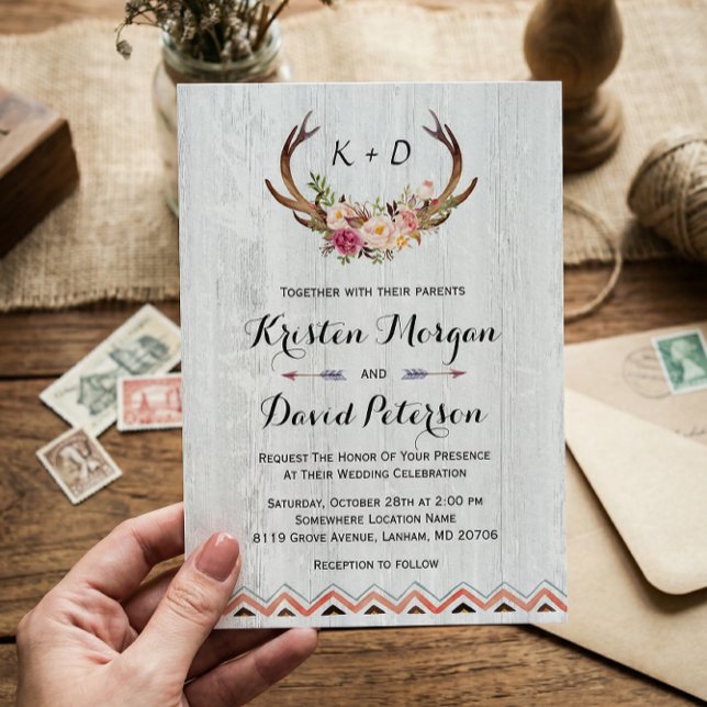 Rustic Floral Antler White Wood Boho Decor Wedding Invitation (Creator Uploaded)