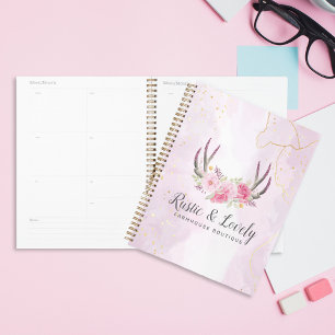 Rustic Floral Antlers Blush Pink & Gold Marble Planner