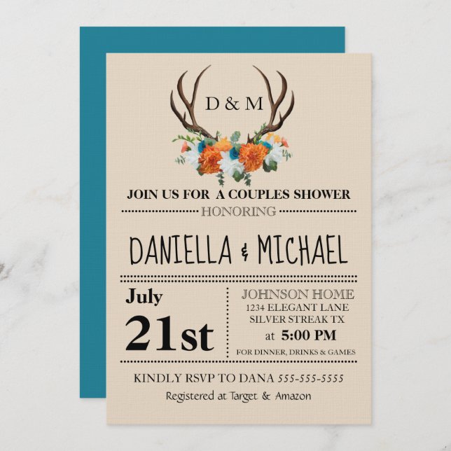 Rustic Floral Antlers BOHO Couples Shower Wedding Invitation (Front/Back)