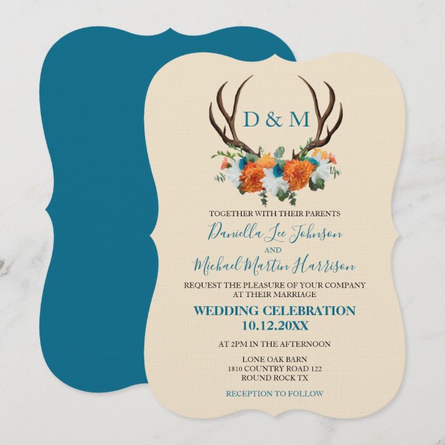 Rustic Floral Antlers BOHO Wedding Invitation (Front/Back)