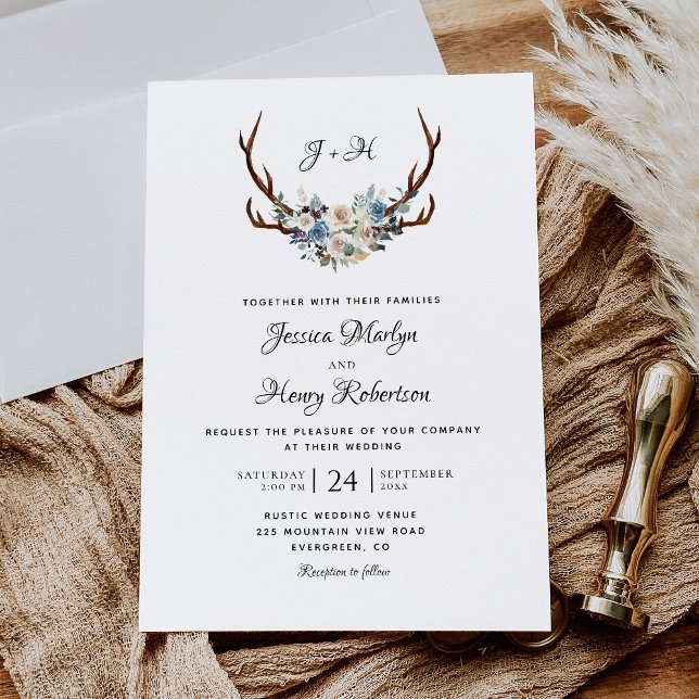 Rustic Floral Antlers Elegant Wedding Invitation (Creator Uploaded)