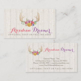 Rustic Floral Antlers Painted Watercolor on Wood Business Card