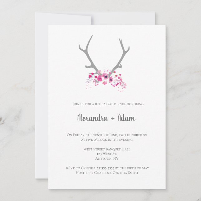 Rustic floral antlers rehearsal dinner invitations (Front)