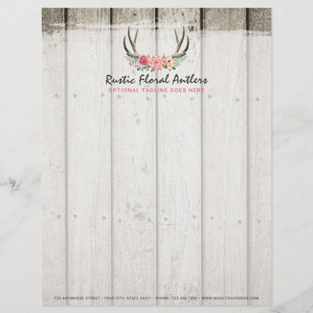 Rustic Floral Antlers Shabby Chic Roses & Wood Letterhead Design (Front)