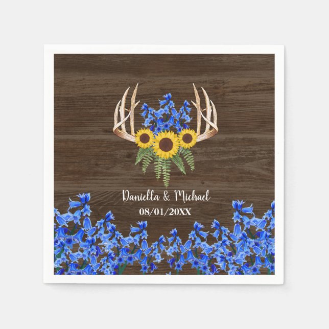 Rustic Floral Antlers Sunflowers Wedding Napkin (Front)