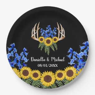 Rustic Floral Antlers Sunflowers Wedding Paper Plate