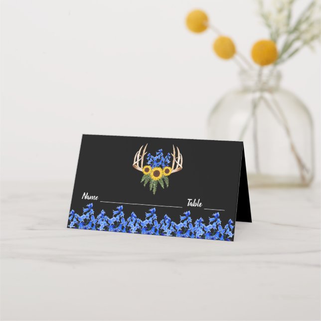 Rustic Floral Antlers Wedding Place Card (Front)