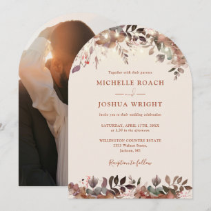 Rustic Floral Arch String Lights Photo Wedding Invitation