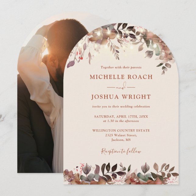 Rustic Floral Arch String Lights Photo Wedding Invitation (Front/Back)
