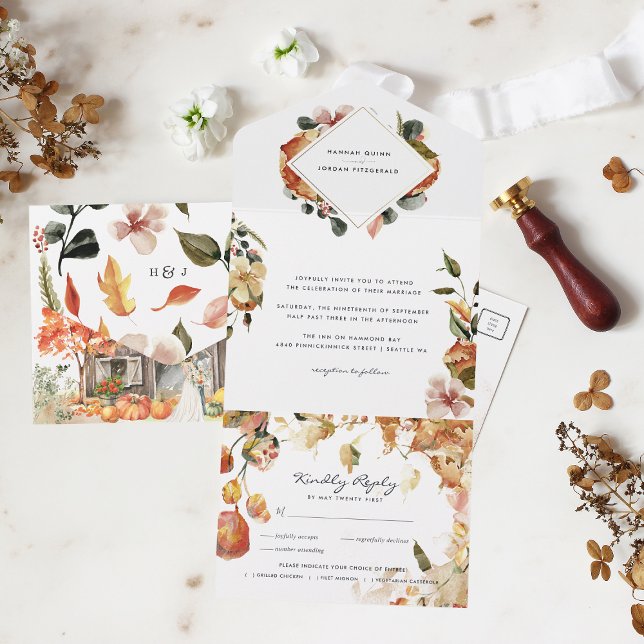 Rustic Floral Autumn Barn Wedding | Fall Leaves All In One Invitation (Creator Uploaded)