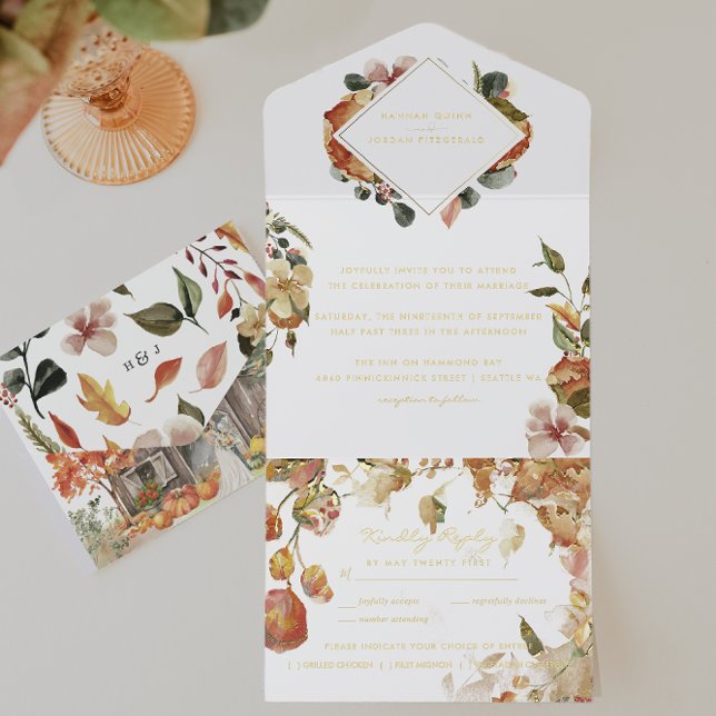 Rustic Floral Autumn Barn Wedding | Fall Leaves  All In One Invitation (Creator Uploaded)