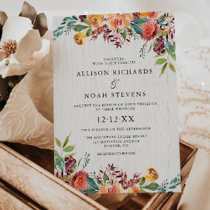 Rustic floral autumn fall burgundy blush wedding invitation