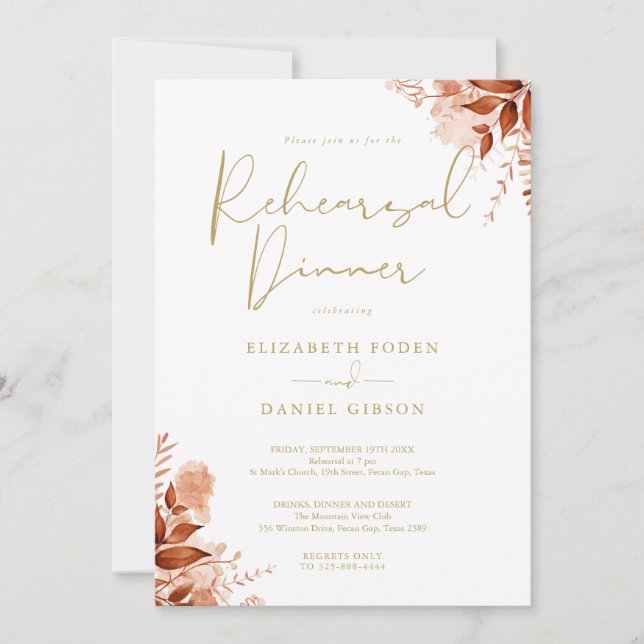Rustic Floral Autumn Fall Gold Rehearsal Dinner Invitation (Front)