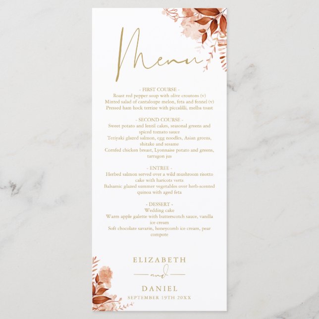 Rustic Floral Autumn Fall Gold Wedding Dinner Menu (Front)