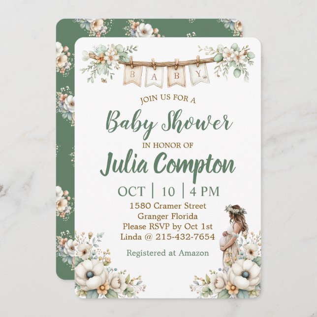 Rustic Floral Baby Shower Invitation  (Front/Back)