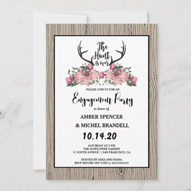 Rustic Floral Barnwood Hunt is Over Engagement Invitation (Front)