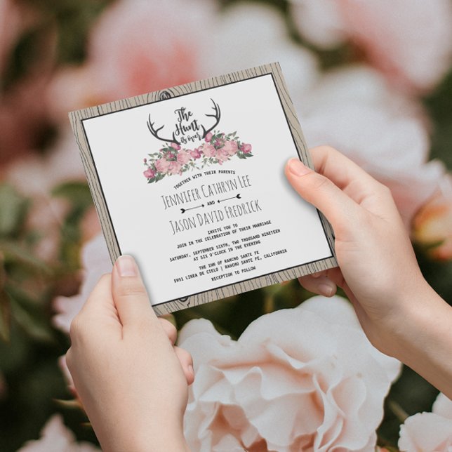 Rustic Floral Barnwood Hunt is Over Wedding Invitation (Creator Uploaded)